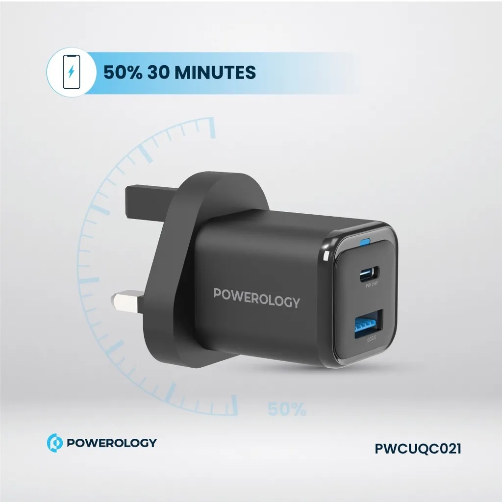 Powerology Super Compact Quick Charger PD35W Braided USB-C To Lightning Cable Included 1.2m/4ft | PWCUQC021 |
