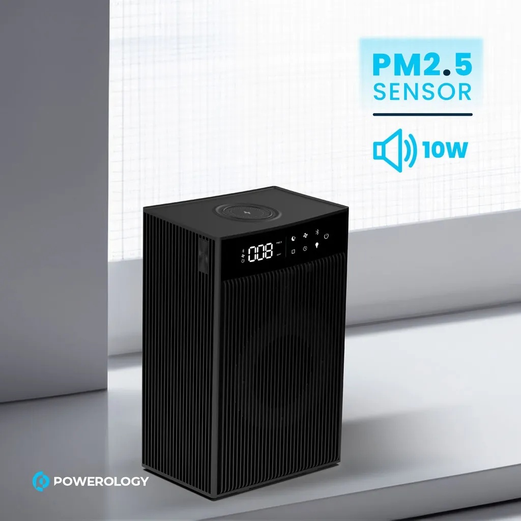 Powerology Smart Air Purifier 3 Stage HEPA Filtration PM2.5 Sensor Essential Oil Diffuser Ambient Light & 10W Wireless Charging |PAPFRBK|