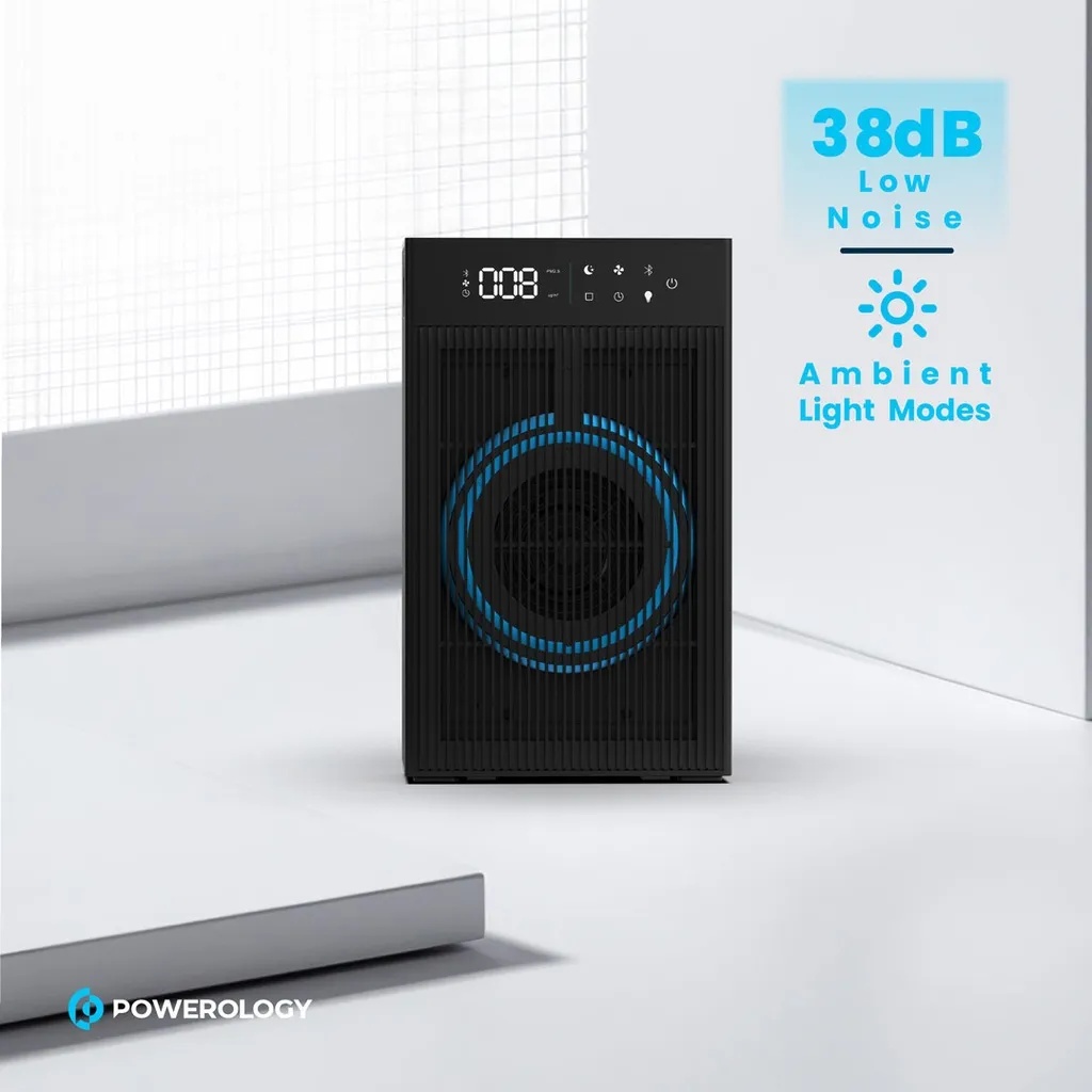 Powerology Smart Air Purifier 3 Stage HEPA Filtration PM2.5 Sensor Essential Oil Diffuser Ambient Light & 10W Wireless Charging |PAPFRBK|