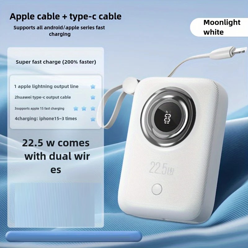 7MD 10000mAh Fast Charging Power Bank 22.5W PD20W Built in Type C & Lightning Cables LED Display Multi Device Charging |7MD2475|
