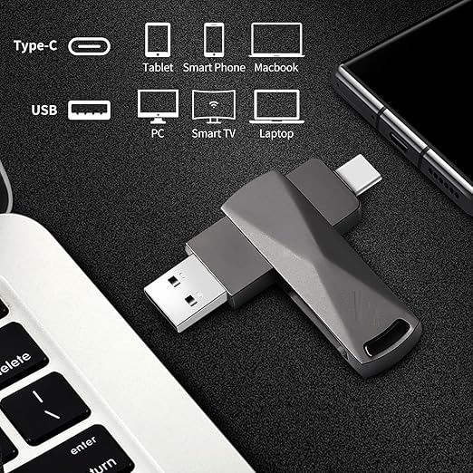 7MD Solid State USB Flash Drive 256GB High Speed 450MB/s USB 3.2 + Type C 360° Rotating Dual Interface Zinc Alloy Compatible with Windows & Mac |7MD2489|