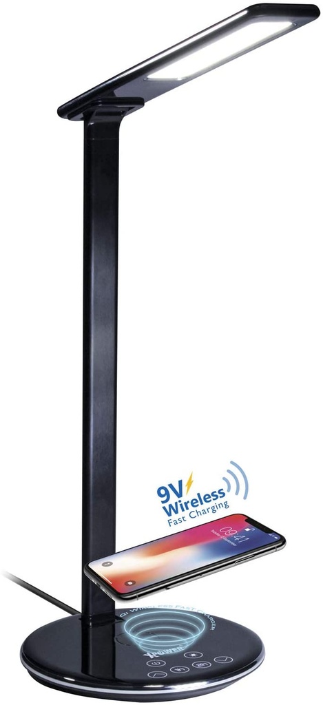 XPower 9V Wireless Charger Pad LED Desk Lamp With USB Port, Touch Control, 4 Lighting Mode, Compatible With Most Smartphones – Black