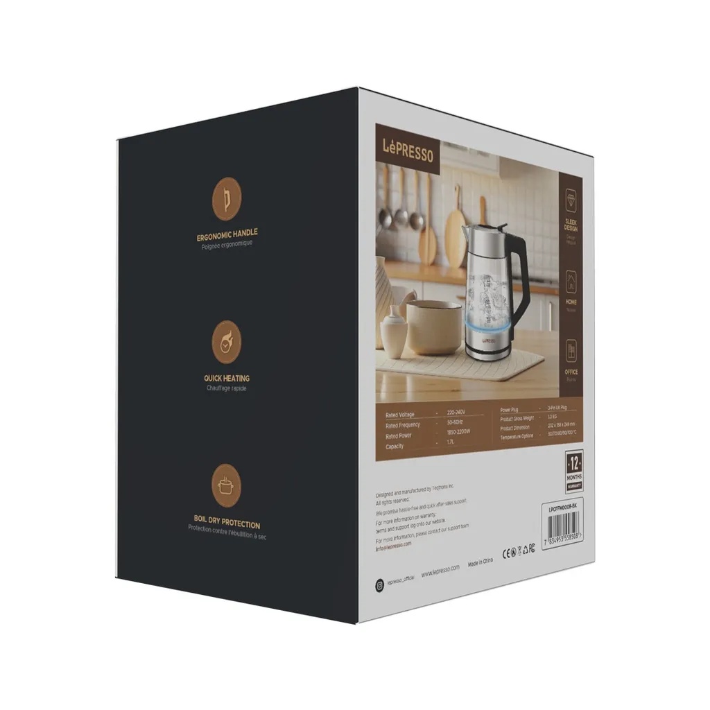 LePresso Multi Temperature Illuminated Glass Kettle 1.7L 50 to 100°C Temp Control Boil Dry Protection Keep Warm Function Quick Heating |LP008||LPCFFM0008-BK|