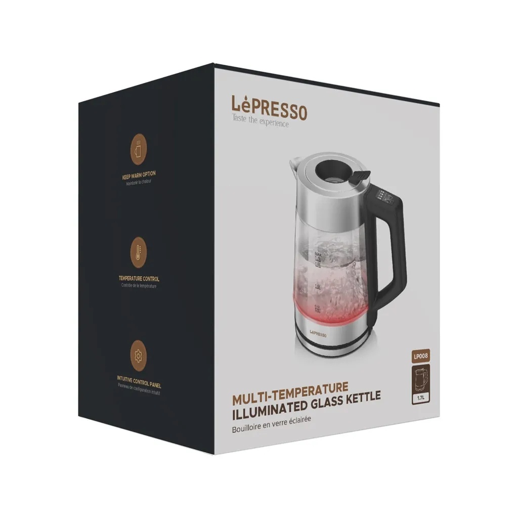 LePresso Multi Temperature Illuminated Glass Kettle 1.7L 50 to 100°C Temp Control Boil Dry Protection Keep Warm Function Quick Heating |LP008||LPCFFM0008-BK|