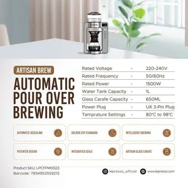 Lepresso Artisan Brew Automatic Pour Over Brewing Intelligent Coffee Maker Golden Cup Standard 1L Tank 1500W Smart Brewing |LP022||LPCFFM0022|