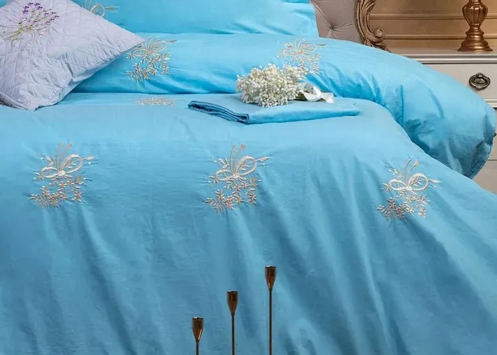 Glinens Sea Moss Egyptian Cotton Bed Set 100% Percale 400 Thread Count Embroidered Duvet Cover Set Durable & Soft Touch Comfort - Blue