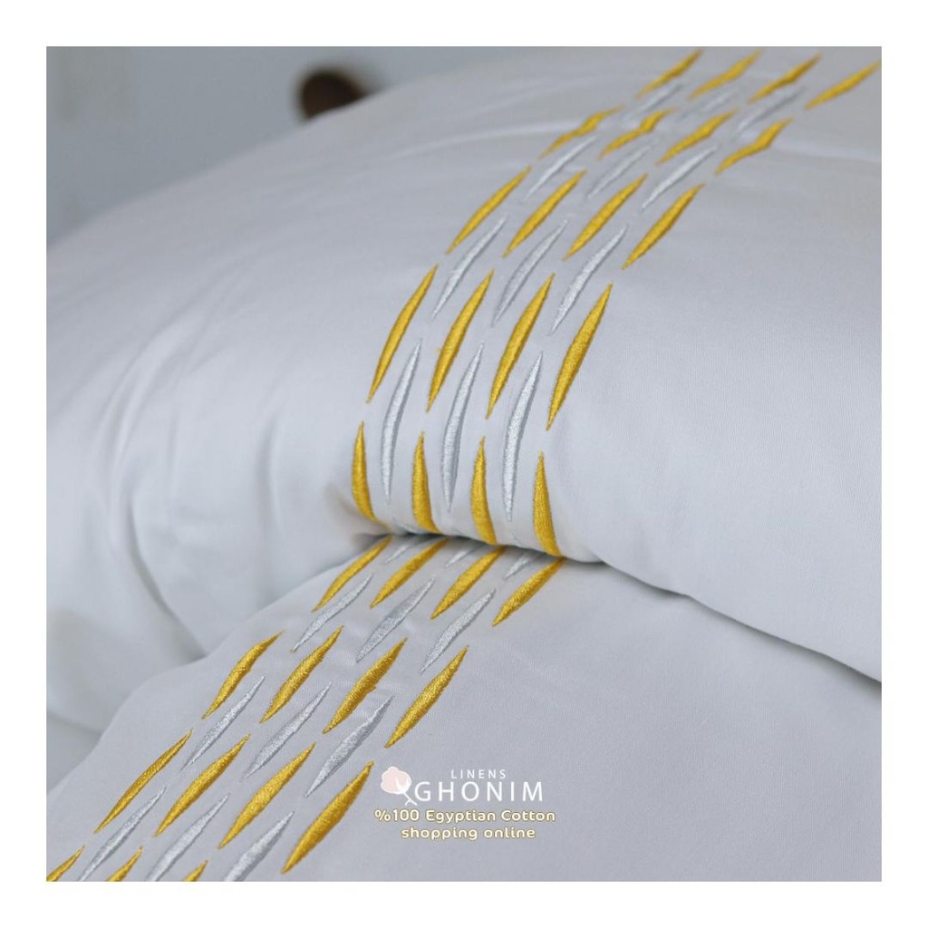 Glinens Line Bedding Set 240x260cm Egyptian Cotton Bed Set 100% Sateen 400 Thread Count Embroidered Duvet Cover Set Durable & Soft Touch Comfort - Mustarda