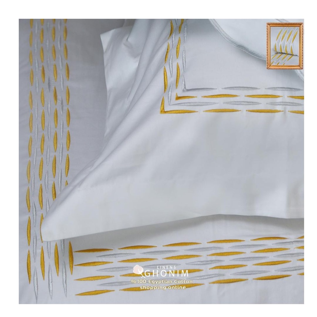 Glinens Line Bedding Set 240x260cm Egyptian Cotton Bed Set 100% Sateen 400 Thread Count Embroidered Duvet Cover Set Durable & Soft Touch Comfort - Mustarda