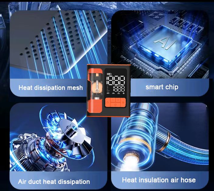 7MD Multifunctional Tire Inflator Jump Starter Strong Inflation Emergency Power Supply USB A Charging Digital Display 8800mAh/12000mAh Capacity 150PSI Max Pressure