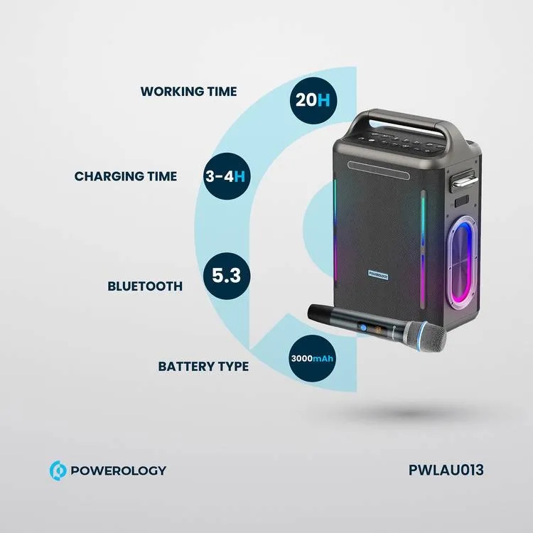 Powerology Karaoke Party Speaker 250W RMS Bluetooth 5.3 Wireless Mic 20H Playtime PD 65W Fast Charging Flashlight |PW013||PWLAU013|
