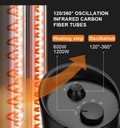 7MD Small Heater 120°/360° Oscillation 2 Heat Levels Infrared Carbon Fiber Tubes High Efficiency 1.8M Power Cord |7MD-55|