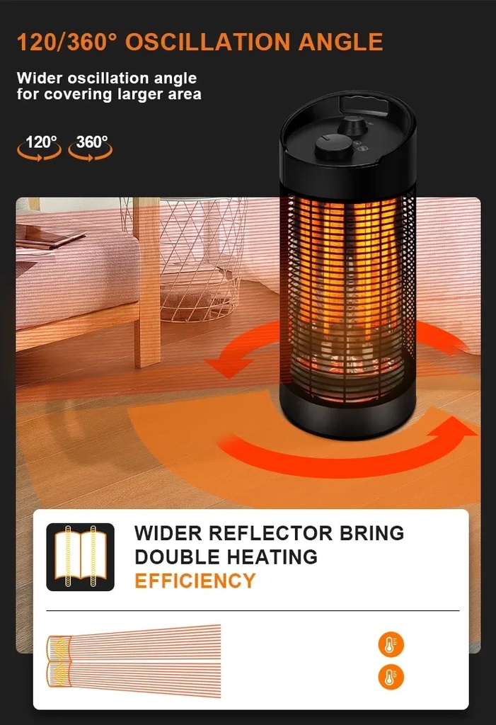 7MD Small Heater 120°/360° Oscillation 2 Heat Levels Infrared Carbon Fiber Tubes High Efficiency 1.8M Power Cord |7MD-55|
