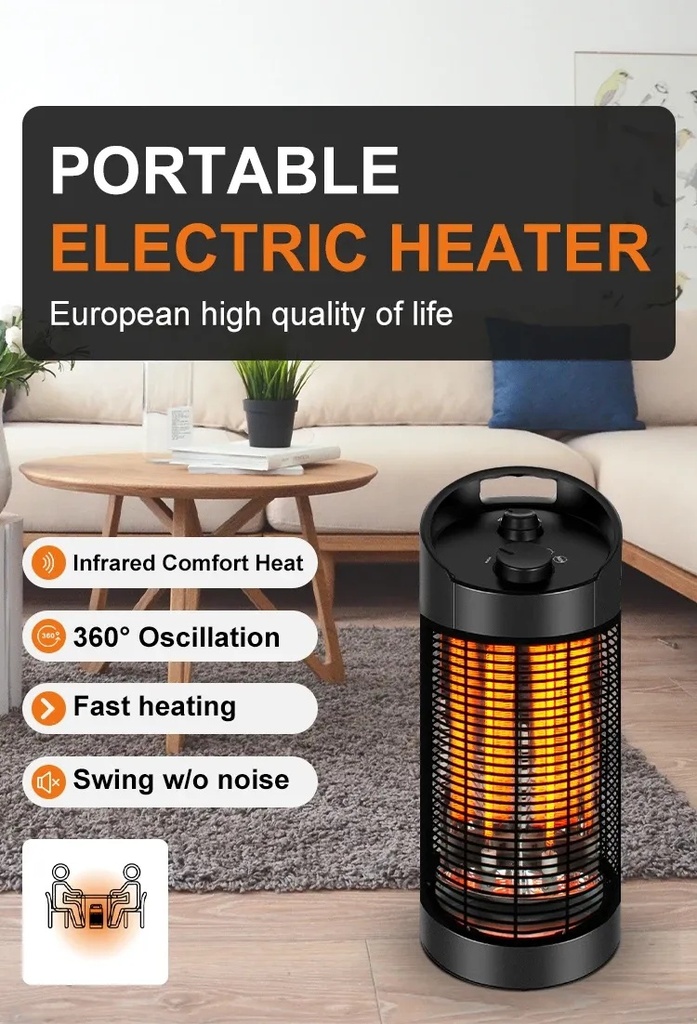 7MD Small Heater 120°/360° Oscillation 2 Heat Levels Infrared Carbon Fiber Tubes High Efficiency 1.8M Power Cord |7MD-55|