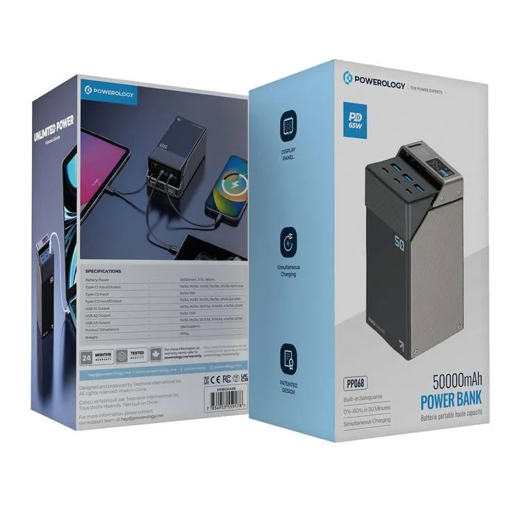 Powerology 50000mAh Power Bank 65W Ultra Fast Charging 3 PD Type C 3 USB A Ports Digital Display Travel Friendly