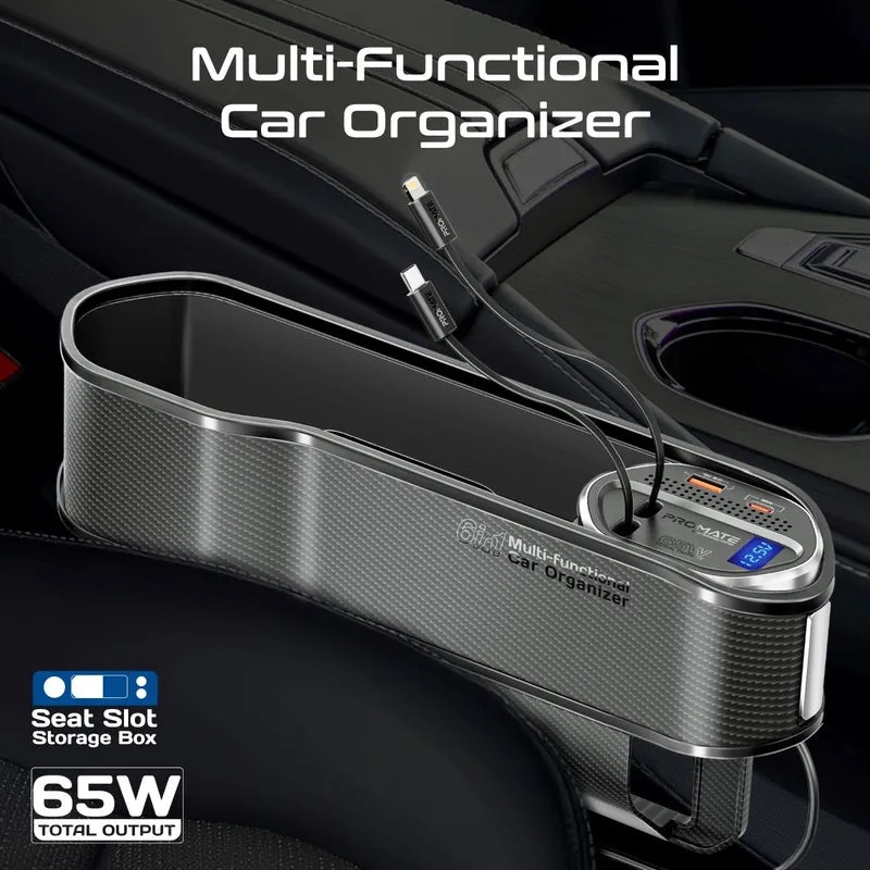 Promate 65W Multi-Functional Car Organizer and Charging Station with USB C & Lightning Retractable Cables |CarMate-RPD|