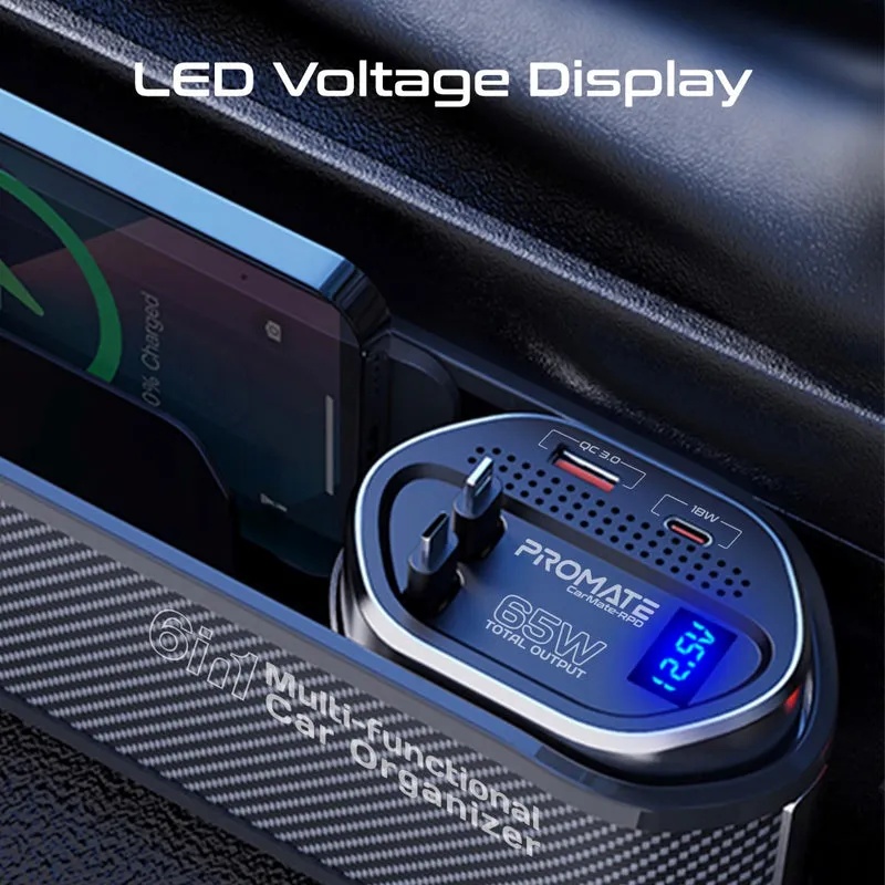 Promate 65W Multi-Functional Car Organizer and Charging Station with USB C & Lightning Retractable Cables |CarMate-RPD|