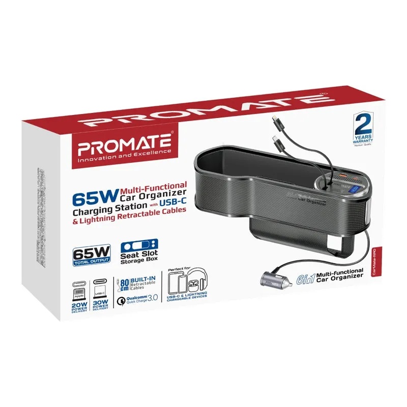 Promate 65W Multi-Functional Car Organizer and Charging Station with USB C & Lightning Retractable Cables |CarMate-RPD|