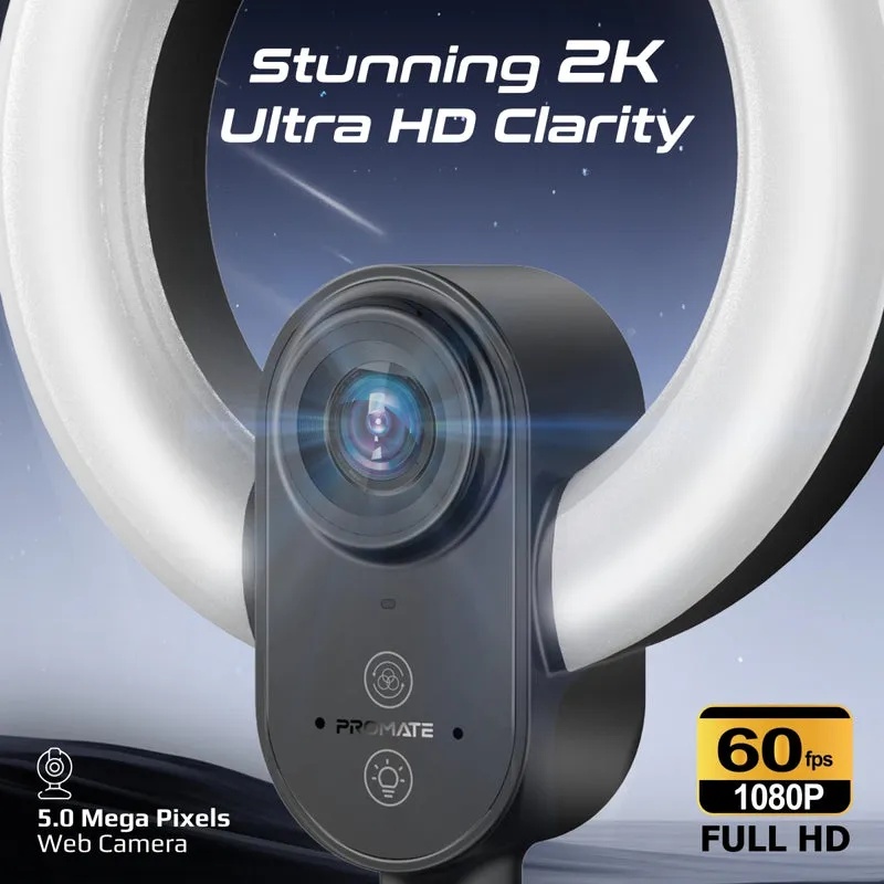 Promate 2K Ultra-HD Webcam with Built-in Mic & Ring Light and detachable Tripod |VistaCam|