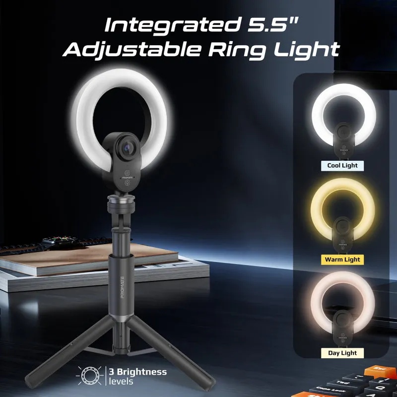 Promate 2K Ultra-HD Webcam with Built-in Mic & Ring Light and detachable Tripod |VistaCam|