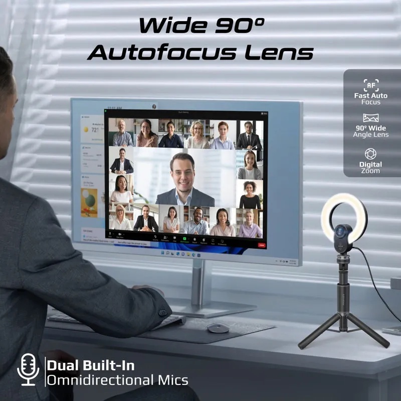 Promate 2K Ultra-HD Webcam with Built-in Mic & Ring Light and detachable Tripod |VistaCam|