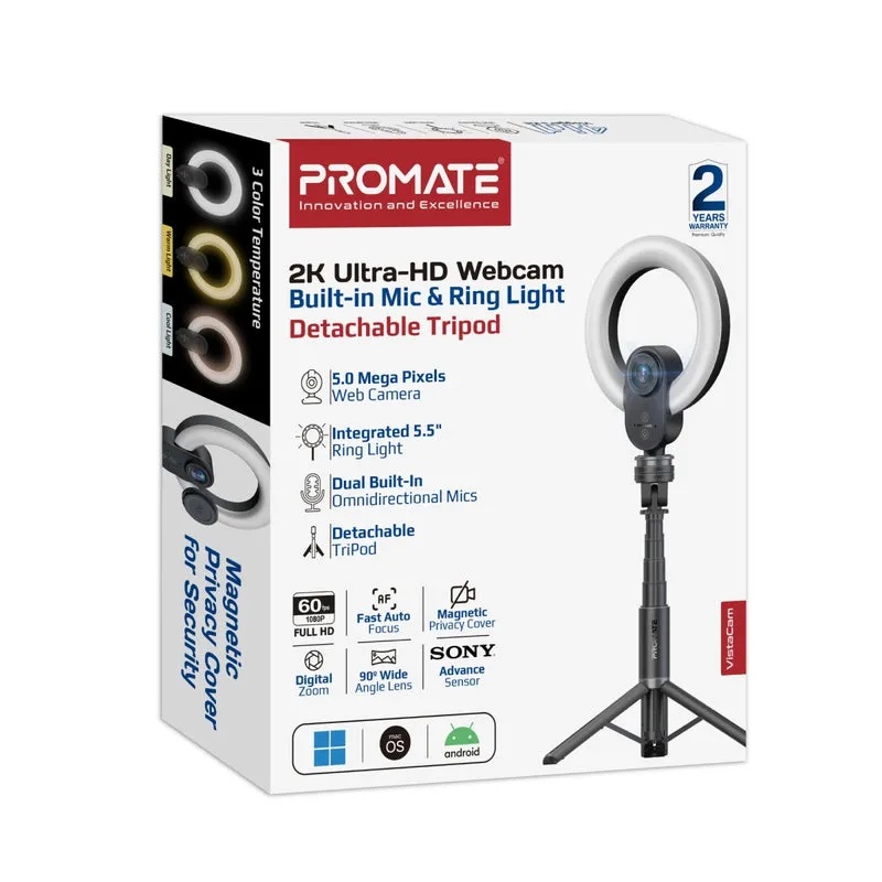 Promate 2K Ultra-HD Webcam with Built-in Mic & Ring Light and detachable Tripod |VistaCam|
