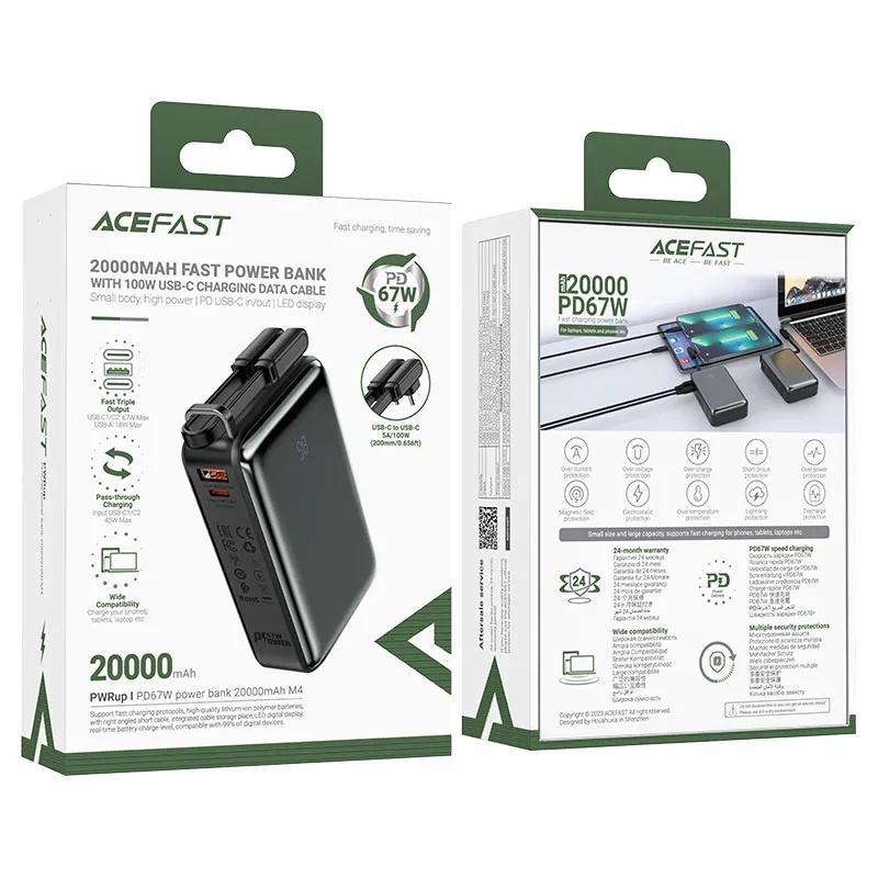 Acefast 20000mAh Fast Power Bank With 100W USB C Charging Data Cable Wide Compatibility Fast Triple Output Pass Through Charging  |M4|