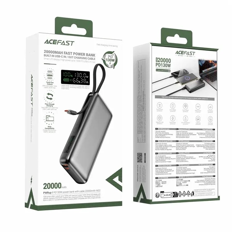 Acefast 20000mAh Fast Power Bank Built In USB C IN Out Charging Cable Smart LED Display Upto 100W PD USB C In/Out |M22|