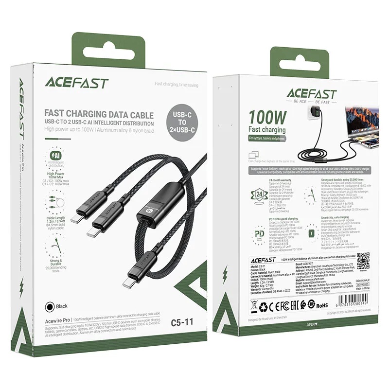 Acefast  Charging Fast Charging Data Cable USB C 50 2 USB C AI Intelligent Distribution High Power Aluminum Alloy and Nylon Braid |C5-11|