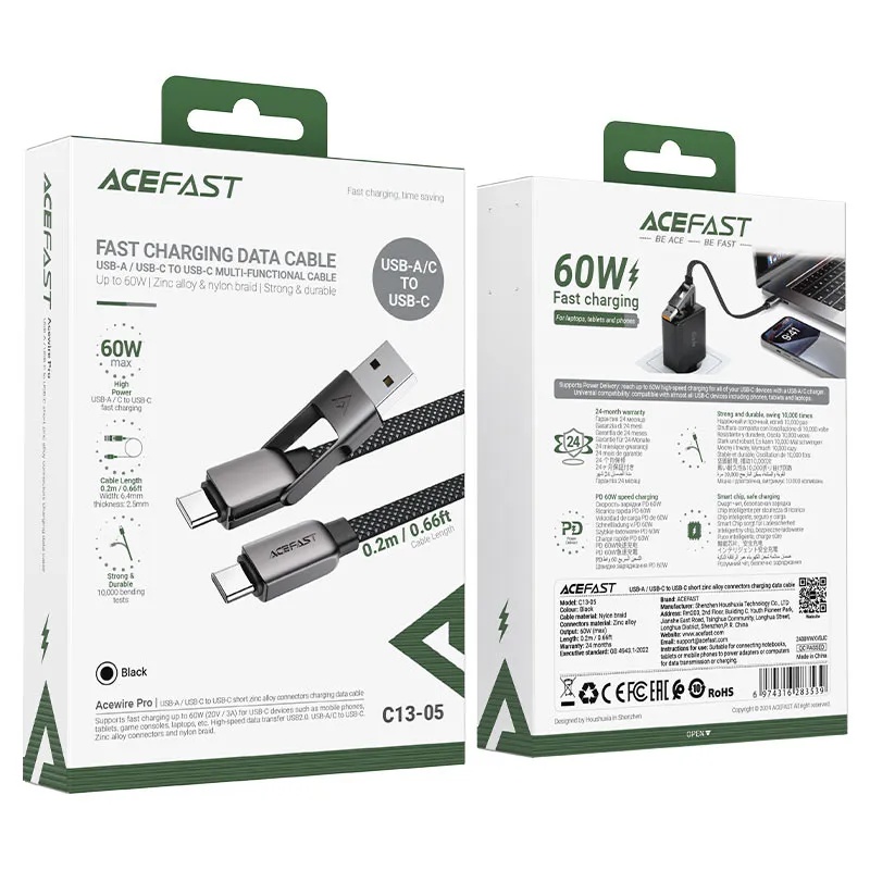 Acefast Fast Charging Data Cable USB A USB C to USB C 60W Zinc Alloy Nylon Braid Durable 0.2m |C13-05|