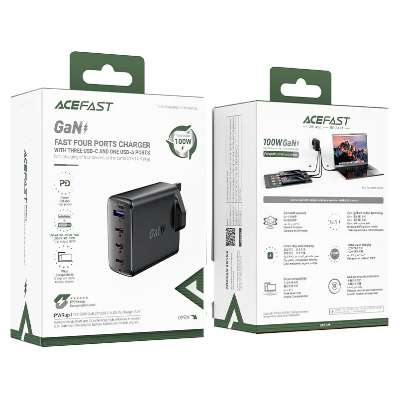 Acefast 100W GaN Fast Charger with 4 Ports 3 USB-C 1 USB-A PD QC4+ Multi-Device Charging UK Plug |A97|