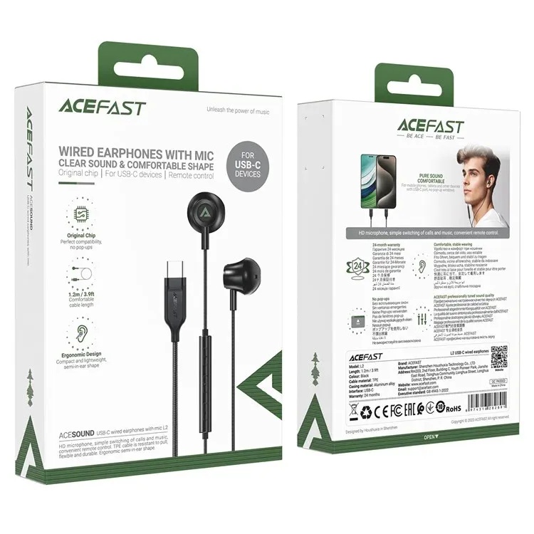 Acefast Wired Earphones USB-C with Mic Clear Sound Comfortable Fit 1.2m Tangle Free Cable for Phone and Tablet |L2|