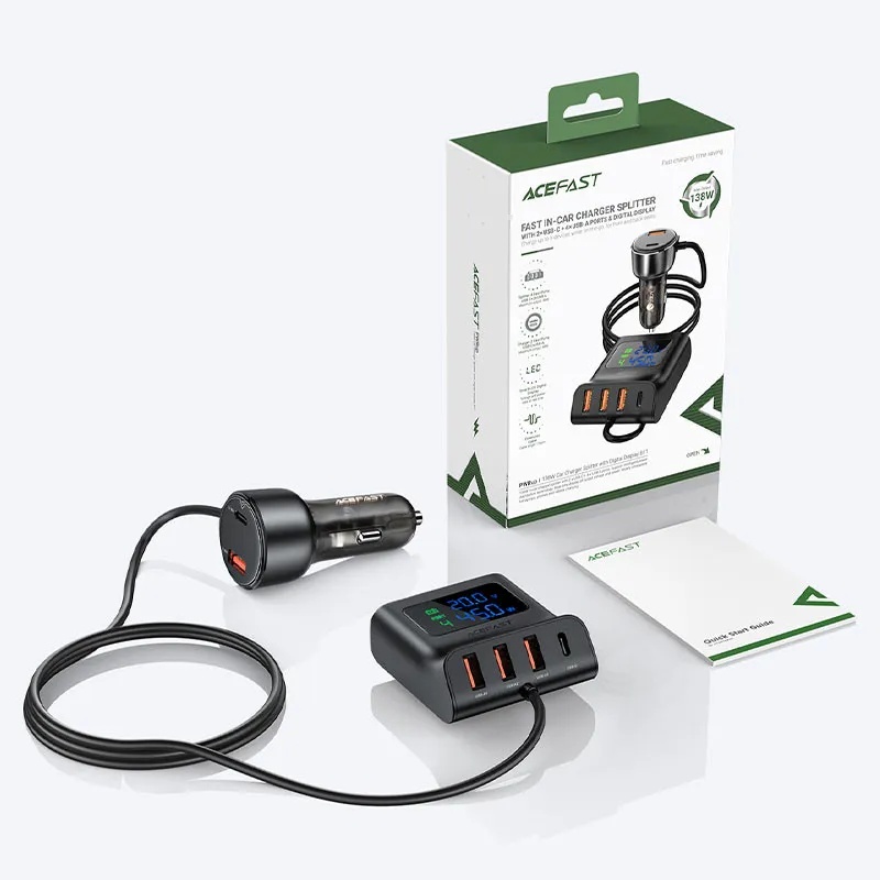 Acefast Fast IN Car Charger Splitter 138W 2 USB C 4 USB A Ports Digital Display Smart Charging for Phones Tablets Laptops |B11|