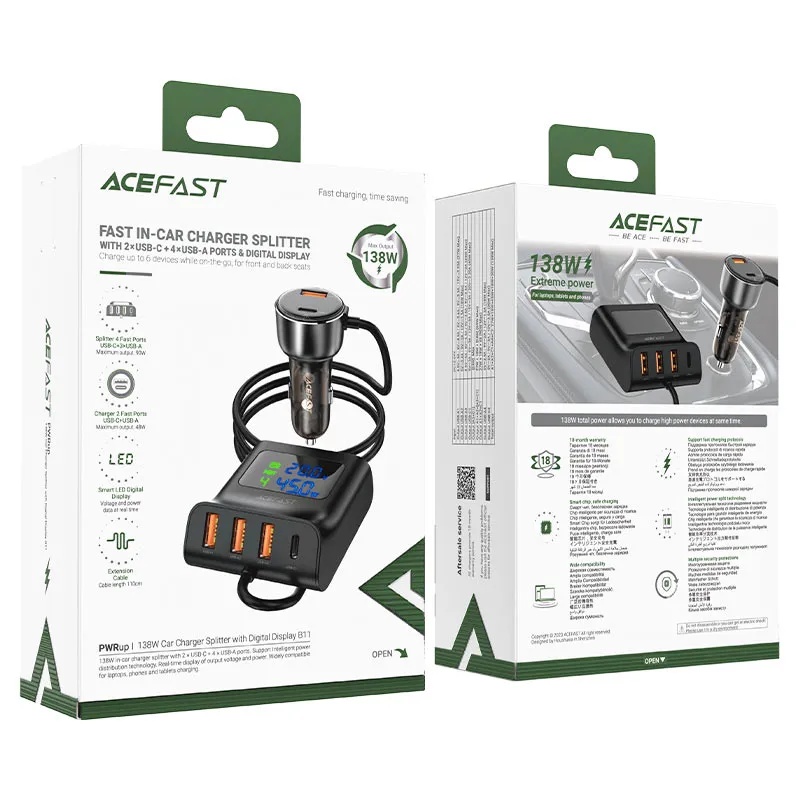 Acefast Fast IN Car Charger Splitter 138W 2 USB C 4 USB A Ports Digital Display Smart Charging for Phones Tablets Laptops |B11|