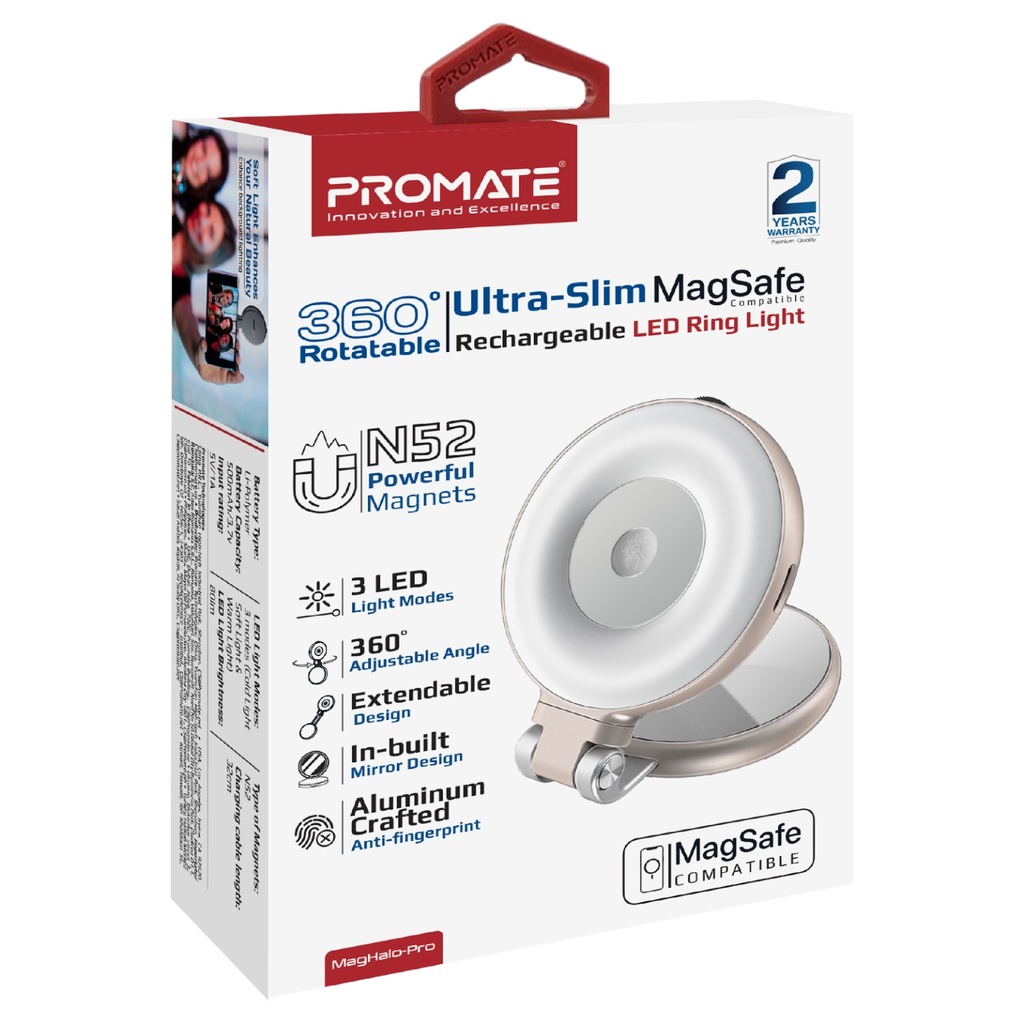 Promate 360° Rotatable Ultra Slim MagSafe Compatible Rechargeable LED Ring Light |MagHalo-Pro|