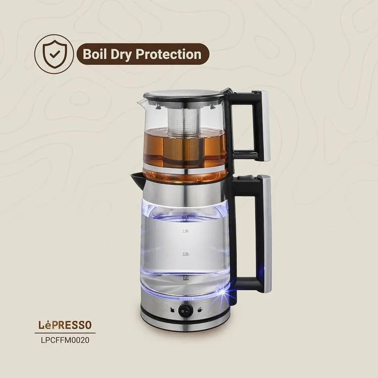 Lepresso ThermoBrew Turkish Tea Glass Kettle 1.8L Electric Kettle with 1.2L Teapot Advanced Brewing System Auto Shut Off Keep Warm Mode |LP020||LPCFFM0020|