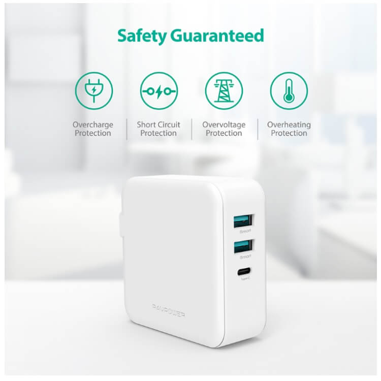 RAVPOWER PD Pioneer 65W 3-Ports Wall Charger MODEL RP-PC082