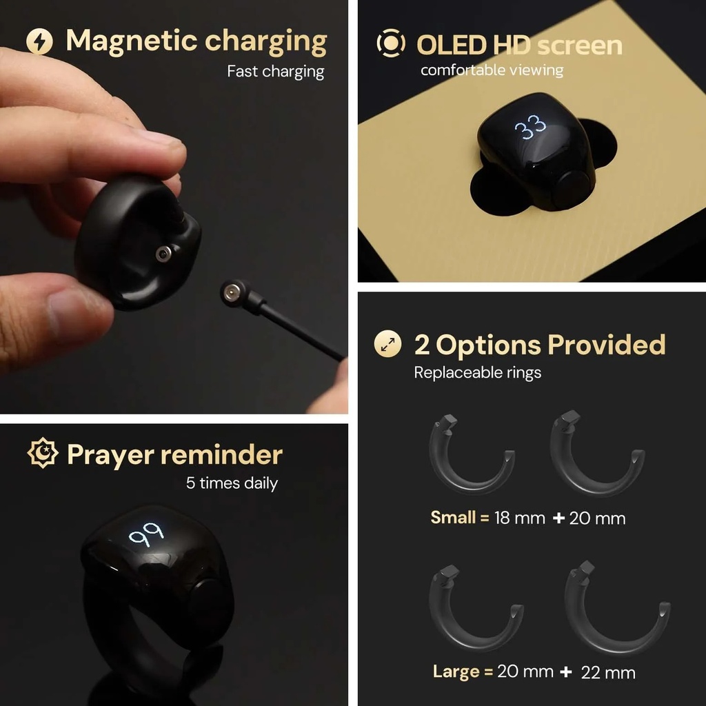 Weslamic iTasbih Salam Zikr Ring Smart Tasbeeh Counter Daily Prayer Reminder OLED DIsplay Cloud Sync Magnetic Charger & Long Battery Life |iTasbih-Salam|