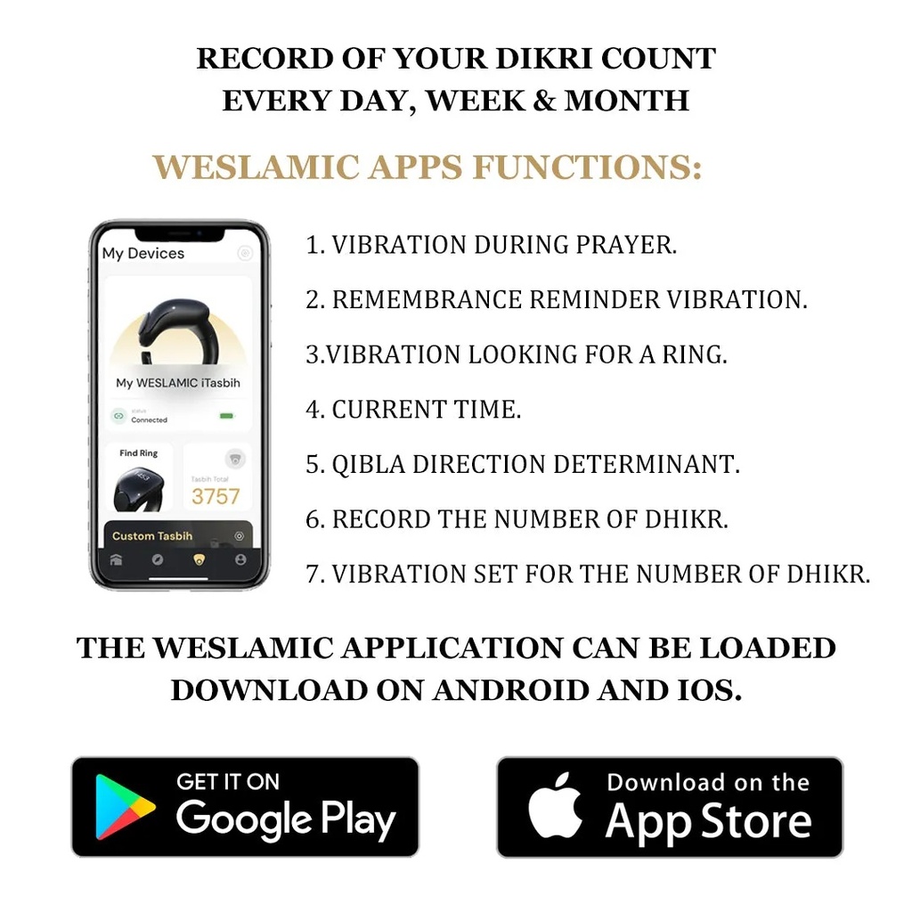 Weslamic iTasbih Salam Zikr Ring Smart Tasbeeh Counter Daily Prayer Reminder OLED DIsplay Cloud Sync Magnetic Charger & Long Battery Life |iTasbih-Salam|