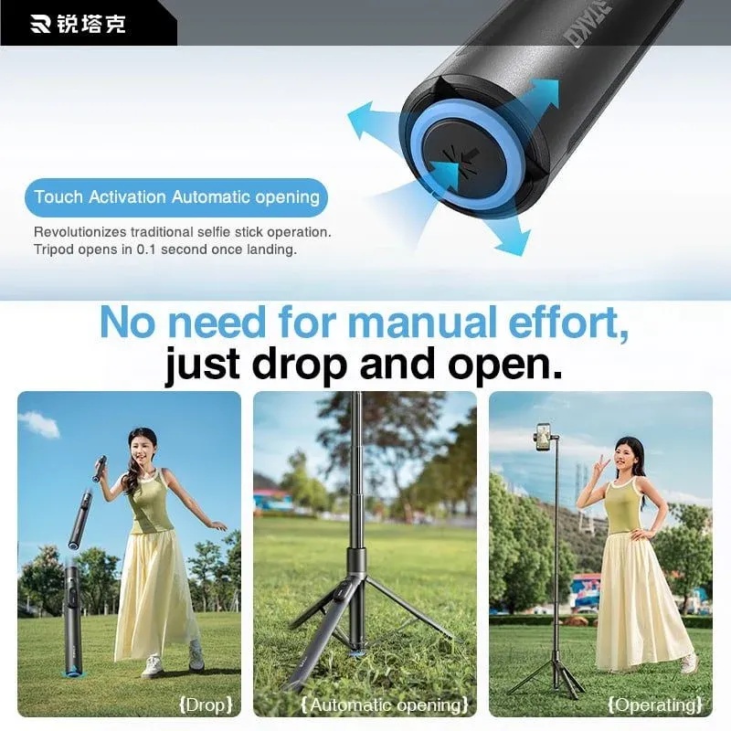 RTAKO Integrated Selfie Stick Bluetooth Tripod with 720° Rotation and Auto Opening Tripod for Travel Live Streaming and Videos |RZP001-AB226|