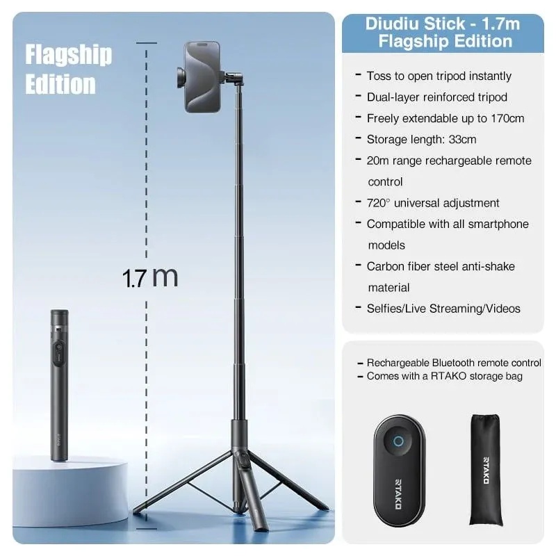 RTAKO Integrated Selfie Stick Bluetooth Tripod with 720° Rotation and Auto Opening Tripod for Travel Live Streaming and Videos |RZP001-AB226|