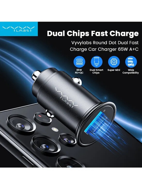 Gaith Vyvylabs Round Dot Dual Fast Charge Car Charger 65W USB C USB A Zinc Alloy Rapid Charging Universal Compatibility |VJY65B-01|