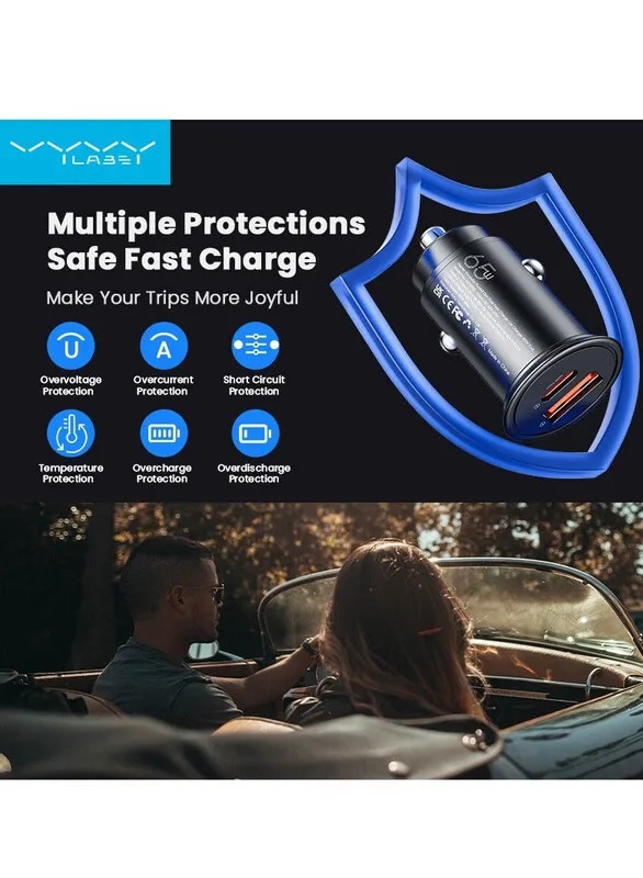 Gaith Vyvylabs Round Dot Dual Fast Charge Car Charger 65W USB C USB A Zinc Alloy Rapid Charging Universal Compatibility |VJY65B-01|