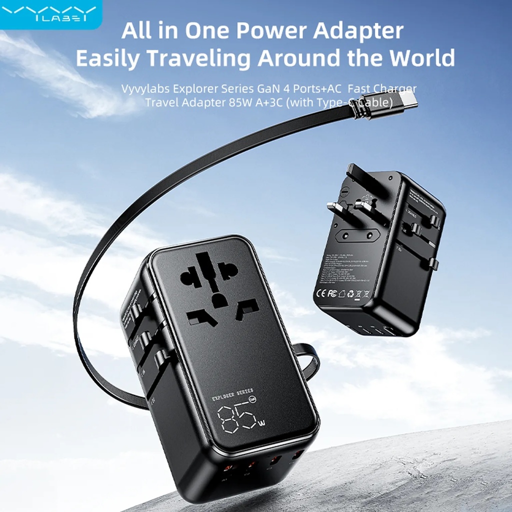 Ghaith Vyvylabs Explorer Series GaN 85W Travel Adapter 4 Ports AC Fast Charger with Type C Cable Universal Plug for 200 Countries |GAN85T|