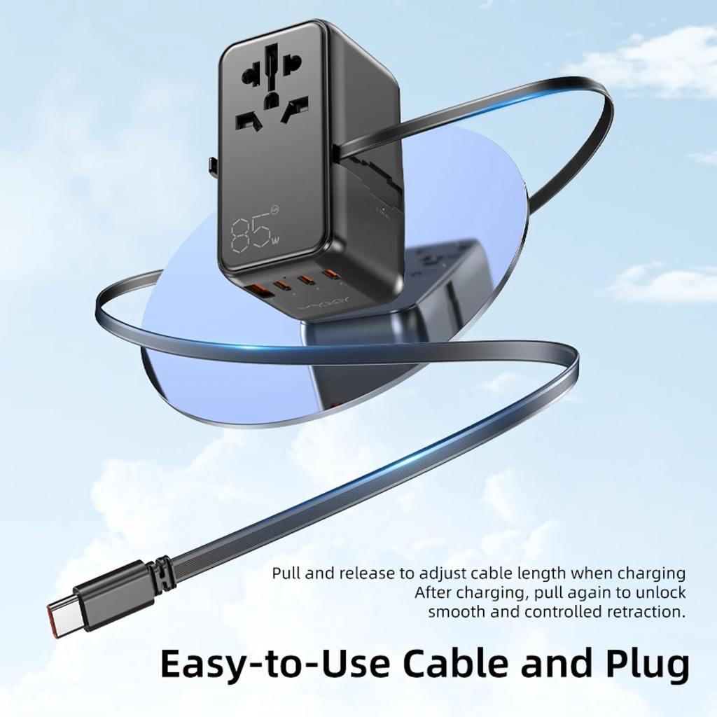 Ghaith Vyvylabs Explorer Series GaN 85W Travel Adapter 4 Ports AC Fast Charger with Type C Cable Universal Plug for 200 Countries |GAN85T|