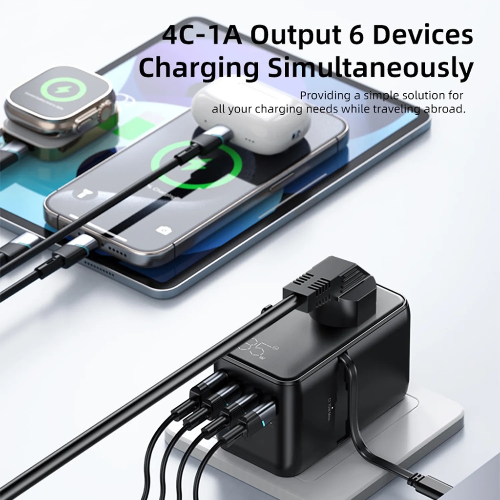 Ghaith Vyvylabs Explorer Series GaN 85W Travel Adapter 4 Ports AC Fast Charger with Type C Cable Universal Plug for 200 Countries |GAN85T|