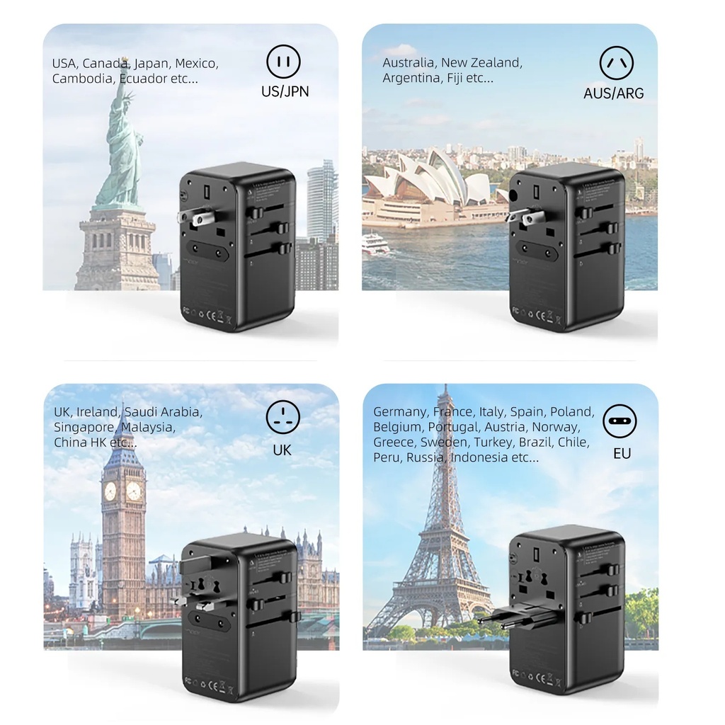 Ghaith Vyvylabs Explorer Series GaN 85W Travel Adapter 4 Ports AC Fast Charger with Type C Cable Universal Plug for 200 Countries |GAN85T|