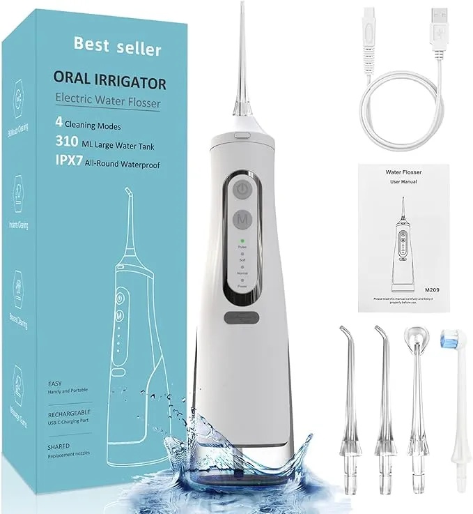Ghaith Portable Oral Irrigator Electric Water Flosser 4 Cleaning Modes 310ML Large Water Tank IPX7 Waterproof USB C Rechargeable