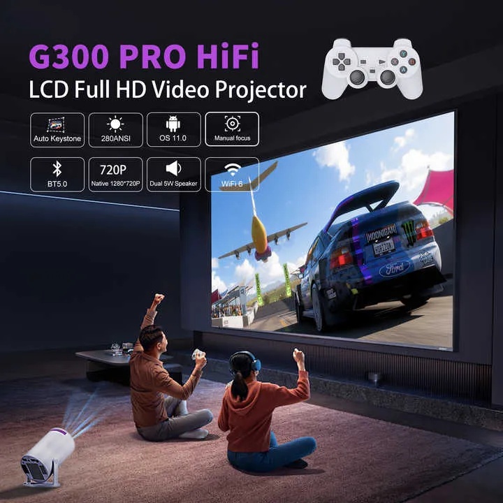 Ghaith G300 Pro HiFi Gaming Projector Built In Chromecast 20000 Games 720P LED Home Theater Android 11 Short Throw
