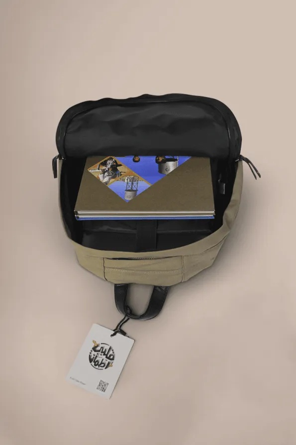 Ghaith & Qalby Etmaan Bag Of Happiness Canvas Leather Travel School Backpack With Padded Laptop Pocket Adjustable Straps
