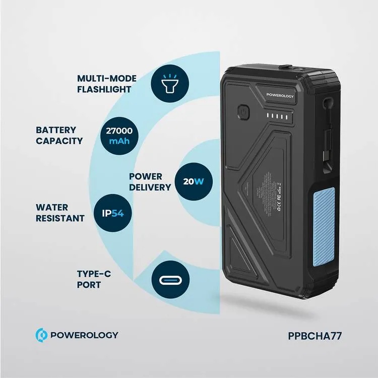 Powerology 27000mAh Solar Wireless Charging Power Bank Fast Charging 4 Devices Simultaneous Charge Support Multi Mode Flashlight IP54 Water Resistant |PP077||PPBCHA77|